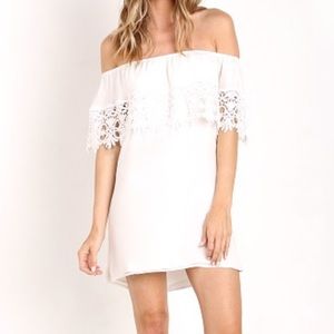 Stone Cold Fox white lace off the shoulder silk dress